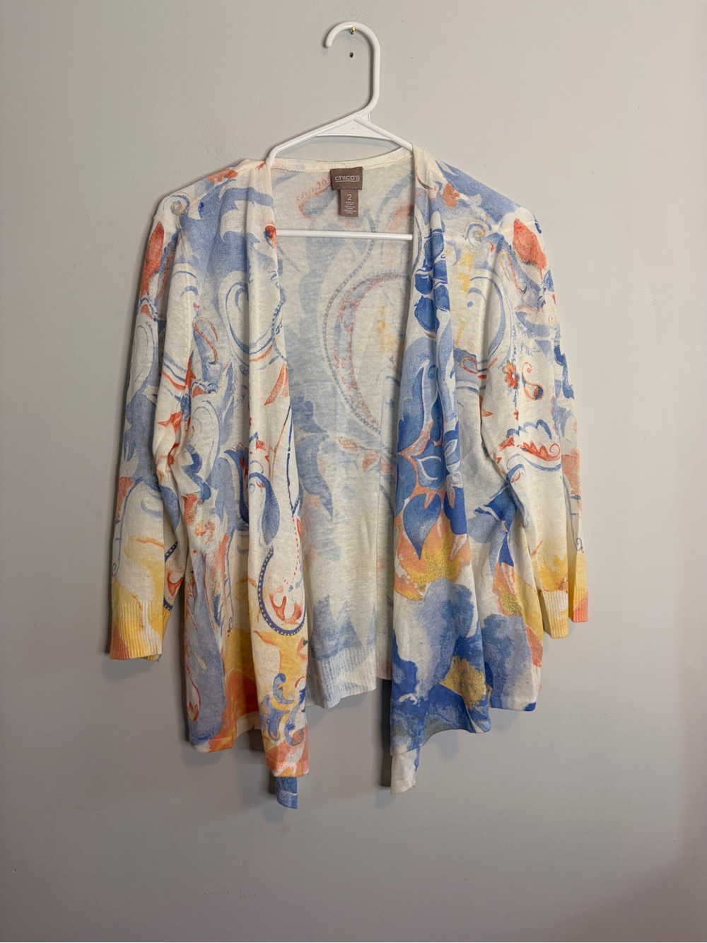Chico's Linen Cotton Open-Front Floral Watercolor Cardigan - White/Blue/Yellow